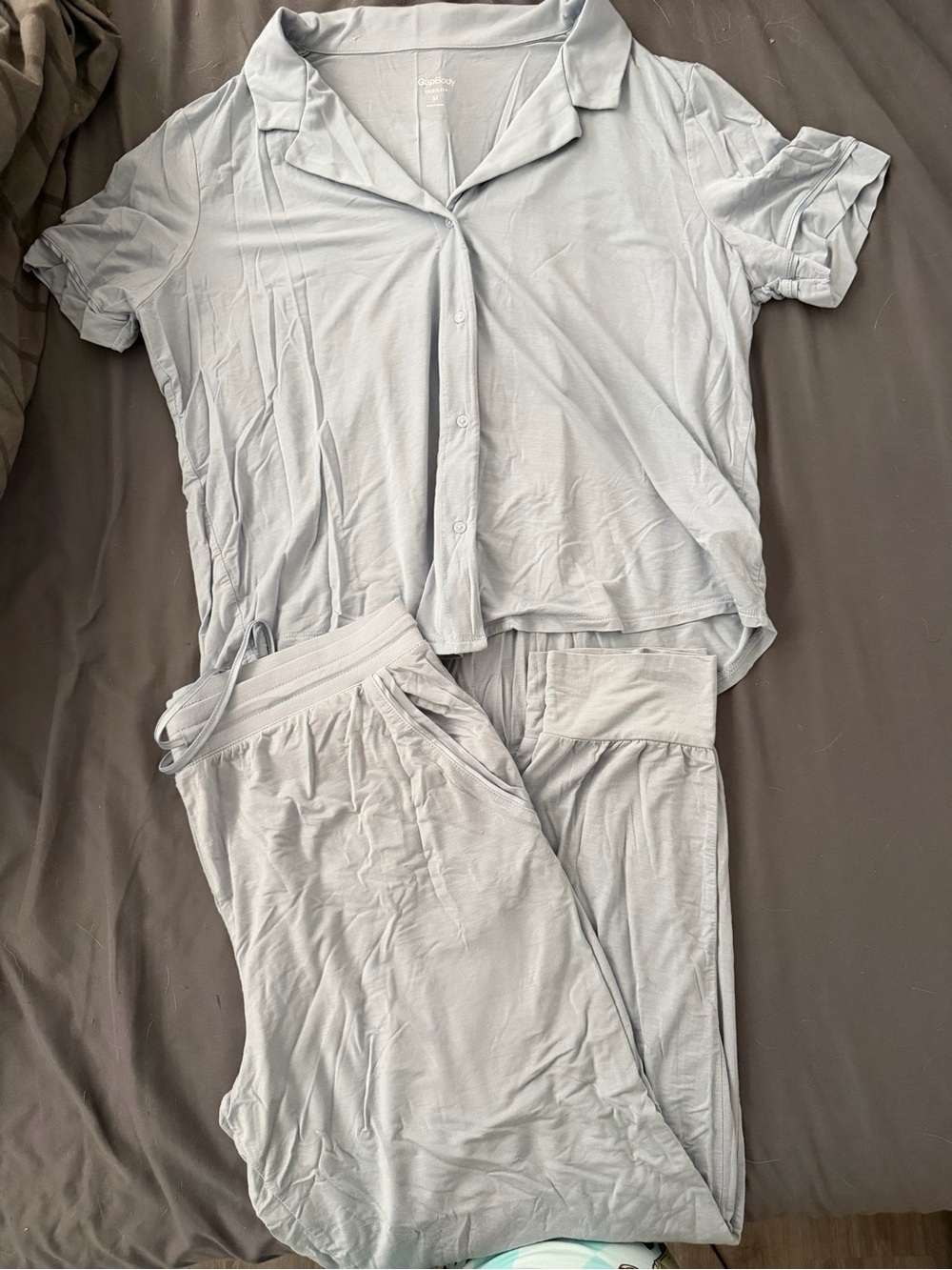 GAP Short Sleeve Button Down Shirt Pants Pajama Set Light Blue VGUC